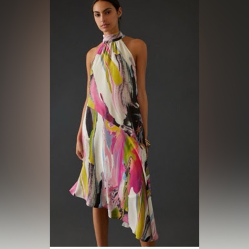 Anthropology  Asymmetrical silk halter tie  Midi Dress xsmall petite